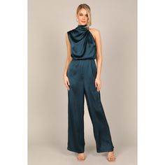 Look no further for the ultimate party look! Our wide leg jumpsuit is sure to turn heads wherever you go. With a one shoulder design and a high neckline with button close, this jumpsuit oozes sophistication while still providing that statement piece your wardrobe needs. Christmas Party Outfit Work, Teal Jumpsuit, Jumpsuit For Wedding Guest, Petal And Pup, Party Outfits For Women, Style Jumpsuit, Satin Jumpsuit, Summer Playsuit, One Shoulder Jumpsuit