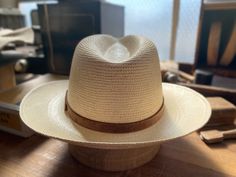 Genuine toquilla straw Leather hatband Twisted braided crown Cuenca straw brim Brim: 3" Crown: 4" Ready to ship Store credit or exchange only Braided Crown, Straw Fedora, Crown Braid, Men Clothes, Berets, Hat Band, Fedora, Straw, Braids