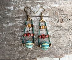 Vintage Multicolor Czech Glass Earrings, Bohemian Czech Glass Earrings With Ear Wire, Bohemian Czech Glass Earrings For Festivals, Bohemian Czech Glass Earrings With Dangling Beads, Bohemian Czech Glass Dangle Earrings, Handmade Bohemian Czech Glass Beaded Earrings, Multicolor Wire Wrapped Bohemian Beaded Earrings, Bohemian Multicolor Czech Glass Beaded Earrings, Bohemian Multicolor Wire Wrapped Beaded Earrings