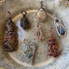 "Measurements:  Quarts - approximately 2.75\" Light Blue Bead - approximately 1.5\" Smokey Quarts - approximately 1.5\"  Purple Bead - approximately 1.75\" Heart - approximately 1.75\"  Copper Swirls - approximately 1.5\"  Copper Swirls 2.0 - approximately 2\"" Brown Artsy Jewelry For Gifts, Artisan Soldered Round Beads Jewelry, Artsy Wire Wrapped Jewelry Gift, Artsy Wire Wrapped Jewelry For Gifts, Handmade Assorted Jewelry In Various Shapes, Unique Handmade Jewelry In Varied Colors, Handmade Bohemian Assorted Necklaces, Assorted Handmade Necklaces For Gifts, Handmade Assorted Necklaces For Gift