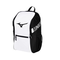 a black and white backpack with the word mizuma on it