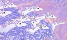 three white unicorns are riding on top of each other in the sky with stars