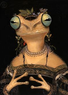 a painting of a frog wearing a dress with flowers on it's head and eyes