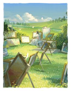 an artist's easels and paintings in the grass