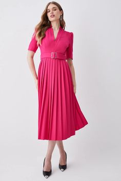 Structured Crepe Forever Pleat Belted Midi Dress Pink Belted V-neck Midi Dress, Pink Pleated Dress For Summer, Fitted Belted Dress With Pleated Waist For Summer, Spring Fitted Belted Dress With Pleated Waist, Fitted Summer Belted Dress With Pleated Waist, Elegant Pink Belted Midi Dress, Pink Fitted Pleated Summer Dress, Pink Formal Dress With Pleated Waist, Fitted Pleated Belted Summer Dress