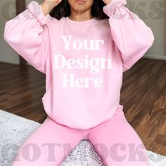 Pink Sweatshirt With Ribbed Cuffs And Crew Neck, Pink Crew Neck Sweatshirt With Ribbed Cuffs, Sporty Relaxed Fit Sweatshirt With Custom Print, Casual Sweatshirt With Custom Print And Crew Neck, Casual Crew Sweatshirt With Custom Print, Custom Print Cotton Sweater Relaxed Fit, Pink Crew Neck Sweats For Loungewear, Pink Basic Sweatshirt With Relaxed Fit, Casual Sweater With Custom Print And Relaxed Fit