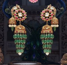 Navratan Earrings, Antique Turquoise Jewelry, Beaded Wedding Jewelry, Gold Jhumka