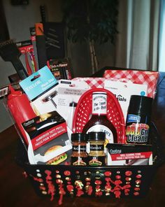 a basket filled with various items on top of a table