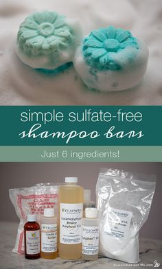 some soaps and other items are sitting on a table with the words simple sulfate - free shampoo bars just 6 ingredients