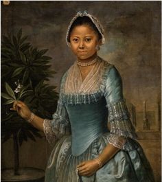 a painting of a woman holding a plant in her right hand and looking at the camera