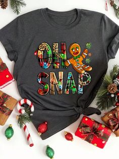 Plus Size Festive Oh Snap Gingerbread Print, Women's Casual Fashion Short Sleeve Round Neck T-Shirt, Retro Colorful Lights Pattern, Holiday Top Dark Grey Casual  Short Sleeve Knitted Fabric Cartoon,Christmas,Letter,Plain  Medium Stretch  Women Plus Clothing, size features are:Bust: ,Length: ,Sleeve Length: Colorful Lights, Oh Snap, Christmas Style, Holiday Tops, Top Graphic Tees, Christmas Fashion, Fashion Mode, Inspiration Mode, Graphic Tees Women