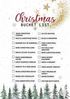 a christmas bucket list with pine trees and snowflakes on the top of it