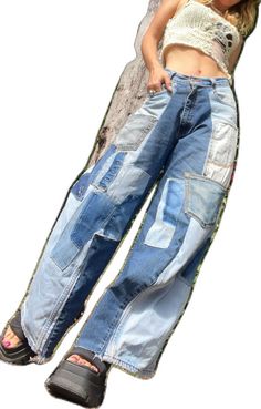 Faded Patchwork Denim Jeans, Faded Denim Patchwork Jeans, Blue Denim Patchwork Cargo Jeans, Blue Denim Cargo Jeans With Patchwork, Denim Blue Cargo Jeans With Patchwork, Fitted Light Wash Patchwork Jeans, Patchwork Rigid Denim Jeans In Dark Wash, Retro Patchwork Medium Wash Jeans, High Rise Patchwork Jeans For Streetwear