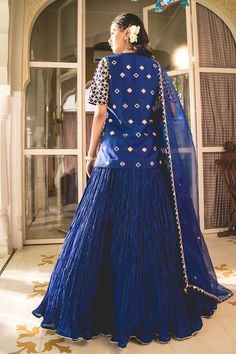 Midnight blue short kurta with geometric marori and zardosi embroidery. Paired with coordinating tasselled dupatta and solid crush lehenga. - Aza Fashions Wedding Indigo Sets With Dupatta, Indigo Wedding Sets With Dupatta, Indigo Wedding Set With Dupatta, Indigo Navratri Set With Dupatta, Indigo Sets With Dupatta For Navratri, Designer Indigo Sets For Festivals, Indigo Traditional Drape Set For Diwali, Bollywood Style Indigo Sets For Wedding, Festive Indigo Sets With Dupatta