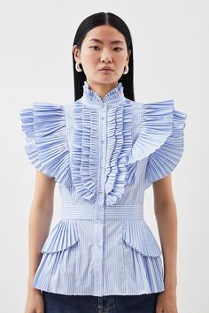 Cap Sleeve Striped Pleated Ruffle Woven Shirt | Karen Millen Ruffle Sleeves Shirts, Luxury Elegant Fitted Smocked Top, Ruffle Top Blouses Patterns, Peplum Blouse With Ruffles For Work, Spring Pleated Short Sleeve Blouse, Pleated Short Sleeve Blouse For Spring, Short Sleeve Pleated Blouse For Spring, Ruffled Peplum Tops For Work, Ruffled Peplum Top For Workwear