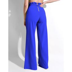 Royal Blue Ruffle Hem Straight Leg Casual Pants Elegant Ruffled Blue Bottoms, Elegant Blue Ruffled Bottoms, Blue Wide Leg Pants For Summer Party, Casual Blue Wide Leg Pants For Party, Chic Wide Leg Pants With Ruffles, Solid Color Ruffle Party Bottoms, Ruffled Party Bottoms, Blue Wide Leg Pants For Party, Chic Blue Wide Leg Pants For Party