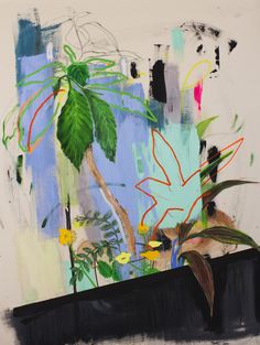 an abstract painting with flowers and plants in it