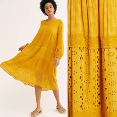 Free People Gemma Embroidered Midi Dress Size: Small Excellent Condition From A Smoke And Pet Free Home Mustard Yellow Partially Lined Embroidered Eyelet Fabric Woven Panels Elastic Cuffs Back Loop Buttoned Keyhole Long Sleeve Balloon Sleeve Midi Length 100% Polyester Trim: 100% Viscose Lining: 100% Cotton. Approximate Measurements Lying Flat Shoulder To Bottom Hem: 47.5" Underarm To Underarm: 20" Boho / Bohemian / Gypsy / Hippie / Indie / Indy / Peasant / Cottagecore / Cottage Core / Prairie / Peasant / Fp / Anthropologie / Anthro / Revolve / Casual / Dressy / Summer / Spring / Fall / Winter / Autumn / Gold / Neutral / Earthy / Billowy / Flowy / A-Line / Swing / Airy / Breezy / Lightwei Yellow Bohemian Knee-length Midi Dress, Spring Yellow Embroidered Maxi Dress, Spring Embroidered Yellow Maxi Dress, Yellow Cotton Dress With Chikankari Embroidery, Yellow Maxi Dress With Floral Embroidery, Yellow Bohemian Maxi Dress With Floral Embroidery, Yellow Long Sleeve Embroidered Spring Dress, Yellow Long Sleeve Embroidered Dress For Spring, Yellow Embroidered Maxi Dress For Beach