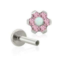 Sold as a Single Piece (top and bottom) 16g, Titanium ASTM F136, Internally Threaded Labret with Mini Flower top Gauge: 16g (1.2mm) Length: 3/16"(5mm),1/4"(6mm), 9/32"(7mm), 5/16"(8mm), 11/32"(9mm), 3/8"(10mm), 7/16" (11mm), 1/2" (12mm) Back size: 4mm perfect for Earlobe, Lip, and Monroe Piercings AND Inner conch piercings; 2.5mm Backing perfect for Helix, Foward Helix, Tragus upper lobe and Cartilage Top size: 4mm and 5mm Our 18g and 16g Internally Threaded Top has Six Petals Prong Set Flowers Inner Conch Piercing, Inner Conch, Conch Piercings, Monroe Piercings, Upper Lobe, Spider Bites, Red Opal, Extreme Close Up, Snake Bites