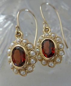 Vintage Garnet Earrings with Pearls Solid Gold 9ct 9k 14k Vintage Garnet Earrings, Ornate Earrings, Earrings With Pearls, Earrings Antique, Garnet Jewelry, Garnet Earrings, Jewelry Lookbook, Victorian Jewelry, Dream Jewelry