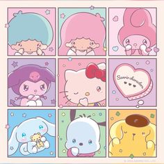 some cute little cartoon characters in different colors and sizes, with the caption hello kitty