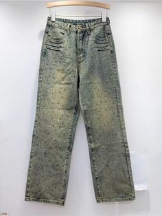 Fabric Denim Studded Pants, Wide Leg Denim, Blue Green, Wide Leg, Pants, Green, Fabric, Blue, Trousers