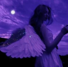 a woman in white dress holding an umbrella under a purple sky with stars and clouds