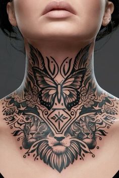 a woman with tattoos on her neck and chest