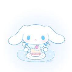 a drawing of a bunny holding a piece of cake