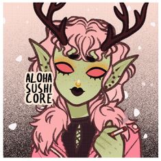 an illustration of a woman with horns on her head and the words aloha sushi core