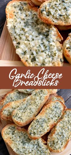 garlic and cheese breadsticks on a cutting board with text overlay that reads garlic and cheese breadsticks