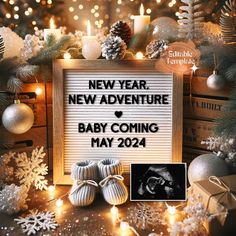 a sign that says new year, new adventure baby coming may 2021 with christmas decorations around it