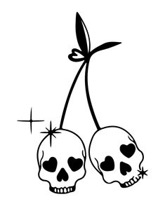 two skulls with hearts on their heads and one has a flower in its mouth, while the other is dead