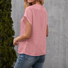 Casual Pullover Hollow Out Lace Stitching Short Sleeve V neck Shirt Top Women - Mint,L V-neck Tops For Spring, Spring V-neck Top, Casual Solid Color V-neck Top For Summer, Casual Solid Color V-neck Top For Spring, Casual V-neck Top For Spring, Casual Spring Blouse With Notched Neckline, Pink Solid Color V-neck Tops, Pink V-neck Solid Color Tops, Casual Blouse With Notched Neckline For Spring