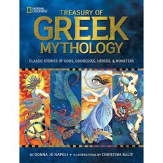 a book cover for the treasury of greek mythology, with images of women and monsters