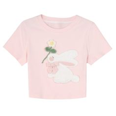 This cute and charming t-shirt features a lovely bunny design, making it a perfect addition to any kawaii or lolita wardrobe. The bowknot and flower detail add an extra touch of sweetness.  Please note that this product includes only one T-shirt.  Garment Size   	 		 			Size 			S 			M 			L 		 		 			Full Length 			37 			38.5 			40 		 		 			Bust 			77 			81 			85 		 		 			Shoulders 			33.5 			34.5 			35.5 		 		 			Sleeve Length 			15.5 			16 			16.5 		 		 			Hem Circumference 			70 			74 			78 Playful Spring Tops With Cute Design, Spring Cotton T-shirt With Bow, Cute White T-shirt With Bunny Design, Cute Pink T-shirt With Bow, Cute Cotton Tops With Bunny Design, Cute Cotton Top With Bunny Design, Cute Bow T-shirt For Spring, Cute Bunny Design Crew Neck T-shirt, Pink Crew Neck Top With Bunny Design