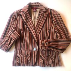 Striped Corduroy Blazer Size 4, Never Worn Beautiful Detailing On Pockets & Back Instructions Say “Machine Washable” Multicolored Double Buttoned Cuffed Sleeves Burnished Bronze Buttons Fitted Striped Cotton Outerwear, Fitted Cotton Outerwear With Striped Pattern, Corduroy Blazer, Cuff Sleeves, Blazer Suit, Suit Jacket, Jackets & Coats, Size 4, Jackets For Women