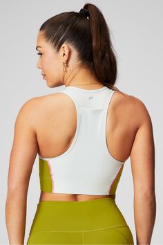 On-The-Go Medium Impact Sports Bra Fabletics green female Activewear >> Womens >> Sports Bras >> Medium Impact regular Training 4-Way Stretch/Moisture-Wicking/Removable Bra Cups Green Athleisure Sports Bra With Built-in Padding, Green Activewear With Built-in Padding For Gym, High Stretch Green Activewear For Sports, Green Sports Bra For Training, Green Fitted Sporty Activewear, Green Stretch Activewear For Sports, Green High Stretch Racerback Activewear, Green Sports Bra For Sports, Green Moisture-wicking Sports Bra For Training