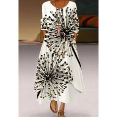 3D Printing Pattern Loose Long Sleeves Party V Neck Casual Dress White Geometric V-neck Dress, White Geometric Pattern V-neck Dress, Party Dress With Geometric Pattern And V-neck, V-neck Party Dress With Geometric Pattern, White V-neck Dress With Geometric Pattern, Elegant White Dress With Geometric Pattern, White Long Sleeve Dress With Geometric Pattern, Elegant Dresses Long Sleeve, Everyday Dresses Casual