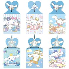 four tags with cartoon animals on them in blue and white colors, one has a bow tie