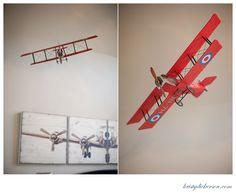 two pictures of an airplane hanging from the ceiling and on the wall, one is red