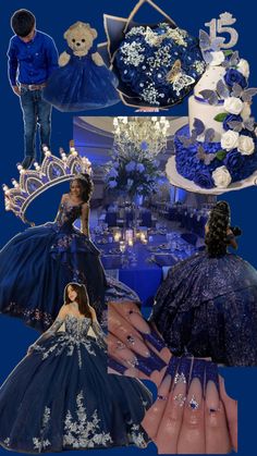 a collage of blue and white wedding gowns with teddy bears on the top