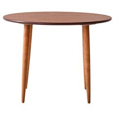 a small wooden table with two legs and a round top on an isolated white background