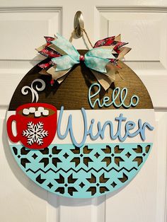 Winter Door Sign Winter Door Decorations, Hanger Crafts, Bow Fabric, Winter Door, Winter Signs, Handmade Christmas Crafts, Hello Winter, Bread And Butter, Snow Winter