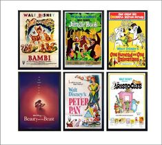 six disney movie posters are shown in four different frames