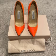 Neon Patent Tangerine Color Size 34 Luxury Orange Pointed Toe Heels, Luxury Orange Heels With Pointed Toe, Designer Orange Pointed Toe Heels, Designer Orange Heels With Pointed Toe, Luxury Orange Patent Leather Heels, Luxury Orange Heels For Spring, Tangerine Color, Jimmy Choo Heels, Jimmy Choo