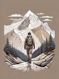 a man with a backpack is walking in the mountains and looking at snow capped peaks