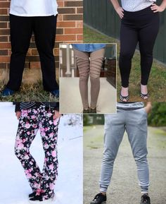 four different pictures of people wearing leggings in the snow