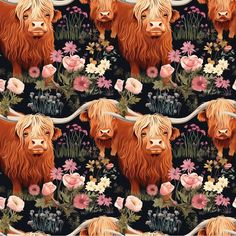 an animal with long horns and flowers on a black background is featured in this seamless pattern