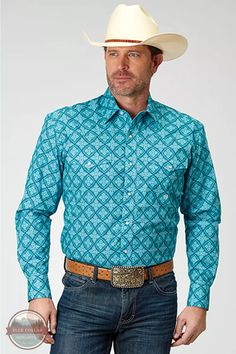 Roper 03-001-0225-2029 BU Long Sleeve Snap Shirt in Turquoise Lake Medallion Front View Western Shirts, Western Outfits, Western Wear, Cotton Style, Fashion Forward, Mens Shirts, Lake, Turquoise, Mens Outfits